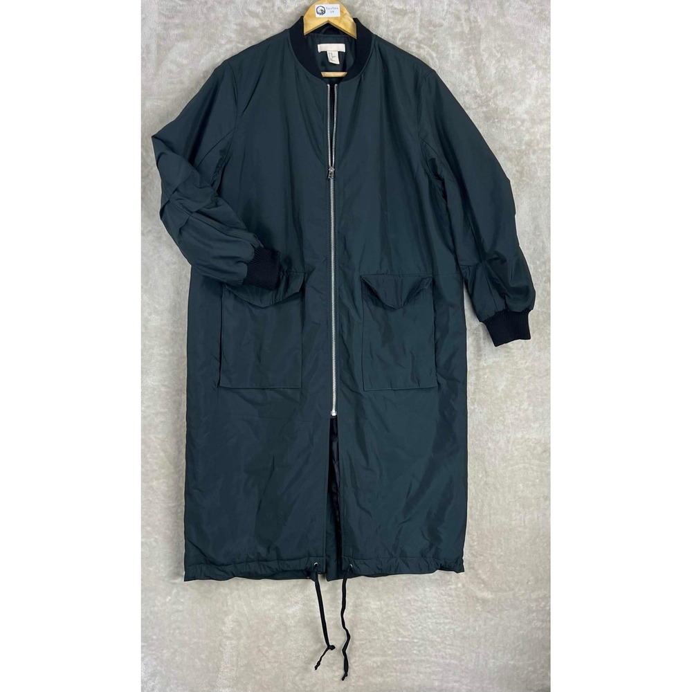HM Womens Longline Bomber Jacket Dark Green Quilted Padded Oversized Size XS